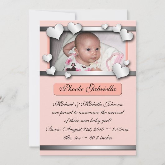 Faire-part Les Coeurs De Doublure Argent Peach Annonces De Na (Devant)