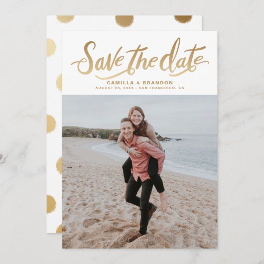 Faire-part Lettrage à la main d'or photo verticale Enregistre (Devant / Derrière)