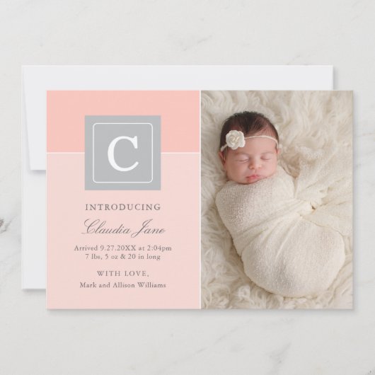 Faire-part Lettre élégante Bloc Bébé Fille Photo Blush Naissa (Devant)