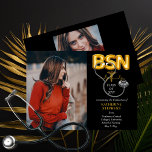 Faire-part Lettres à ballons BSN Caduceus Stethoscope Grad<br><div class="desc">Deux photos collage paysage design graduation faire-part pour un "BSN" avec des lettres de ballons dorés,  un caducée doré et un stéthoscope gris et argenté. Conception composite par Holiday Hearts Designs (droits réservés).</div>