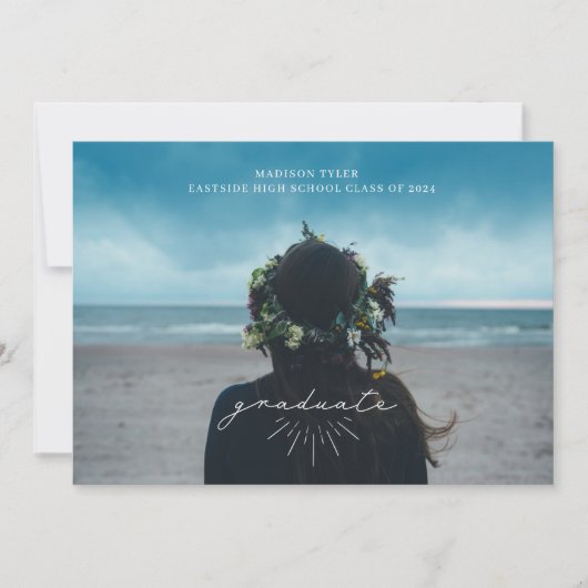 Faire-part Ligne Art blanc Graduation Script photo horizontal (Devant)