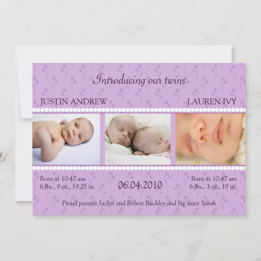 Faire-part Lilac Pearl Twins (Devant)