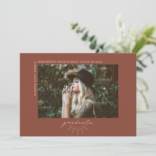 Faire-part Line Art Terracotta Graduation Horizontale Photo (Debout devant)