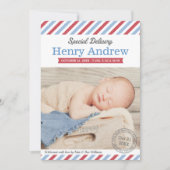 Faire-part Livraison spéciale Bébé Garçon Bleu et Rouge Photo (Devant)