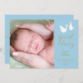 Faire-part Livraison spéciale cigogne bébé garçon photo bleu  (Devant / Derrière)