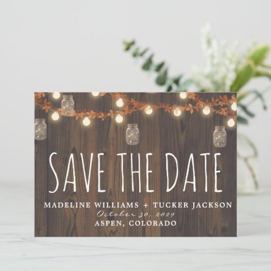 Faire-part Lumières de fées d'automne rustique Photo Enregist (Debout devant)