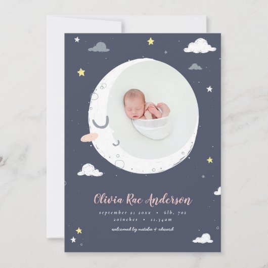 Faire-part Lune, étoile et nuage mignon photo naissance (Devant)