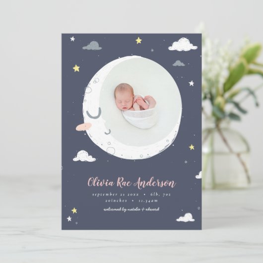 Faire-part Lune, étoile et nuage mignon photo naissance (Debout devant)