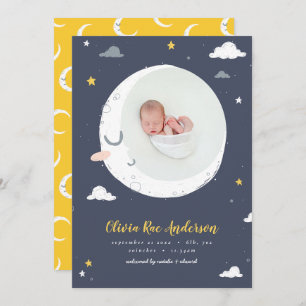 Faire-part Lune, étoile marine jaune mignon photo naissance