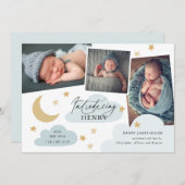 Faire-part Lune Étoiles Nuages 3 Photo Collage Bleu (Devant / Derrière)