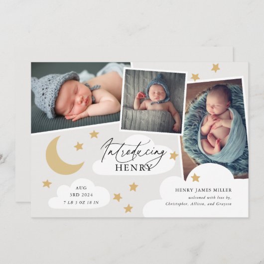 Faire-part Lune Étoiles Nuages 3 Photo Collage Gris Naissance (Devant / Derrière)