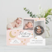 Faire-part Lune Étoiles Nuages 3 Photo Collage Rose Naissance (Debout devant)