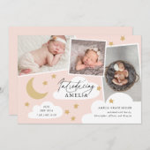 Faire-part Lune Étoiles Nuages 3 Photo Collage Rose Naissance (Devant / Derrière)