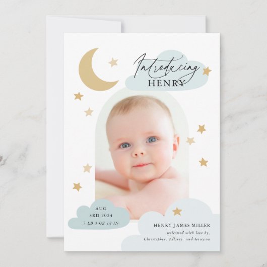 Faire-part Lune Étoiles Nuages Arc Photo Bébé Bleu Naissance (Devant)