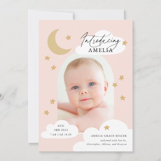 Faire-part Lune Étoiles Nuages Arc Photo rose vif Naissance A (Devant)