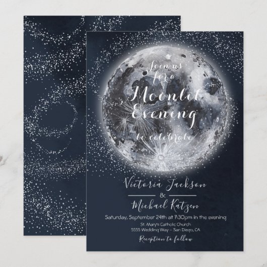 Faire-part Lune pleine céleste et étoiles (Devant / Derrière)