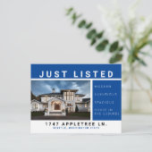 Faire-part Luxe énuméré de bleu de carte postale (Debout devant)