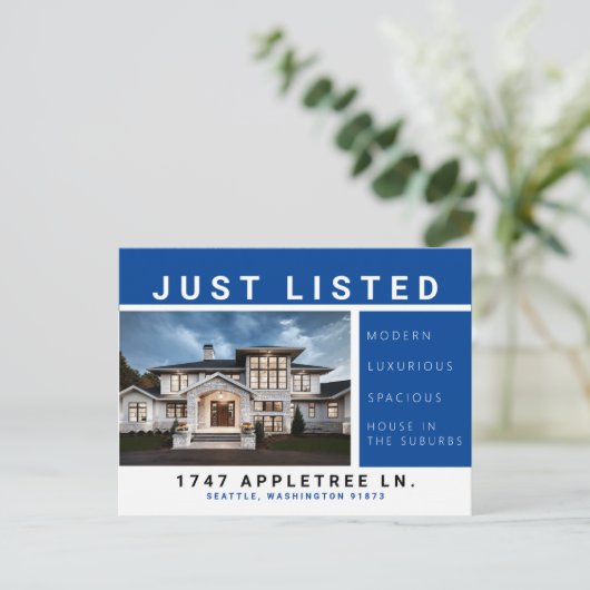 Faire-part Luxe énuméré de bleu de carte postale (Debout devant)