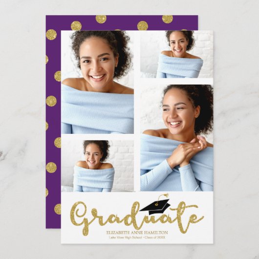 Faire-part Lycée 4 Photo Gold Parties scintillant Grad Faire- (Devant / Derrière)