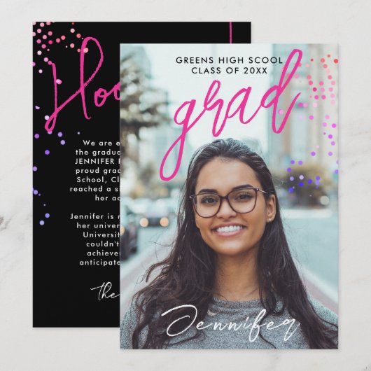 Faire-part Lycée moderne Noir Rose Confetti Graduation (Devant / Derrière)