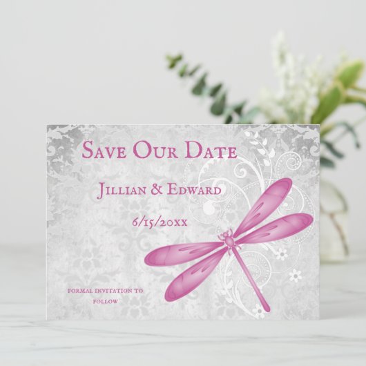Faire-part Magenta Dragonfly Enregistrer La Date Annonce (Debout devant)