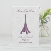 Faire-part Magenta Eiffel Tower Damask Enregistrer La Date (Debout devant)