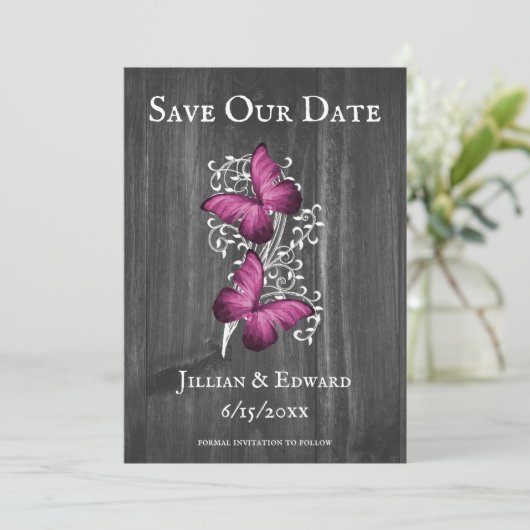 Faire-part Magenta Rustic Butterfly Enregistrer La Date (Debout devant)