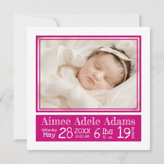 Faire-part Magenta Stripes Bébé Photo Birth Stats (Devant)