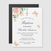 Faire-part magnétique de baptême rose florale papi (Devant / Derrière)