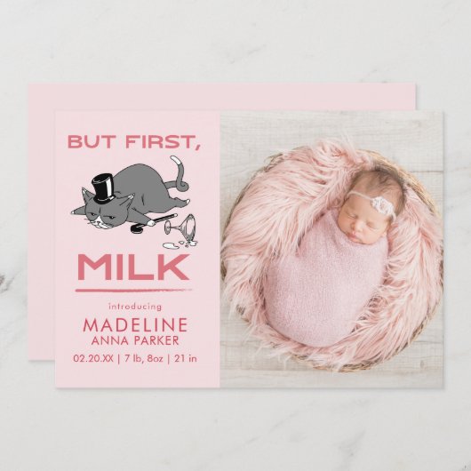 Faire-part Mais Premier Milk Funny Chat Photo Naissance (Devant / Derrière)