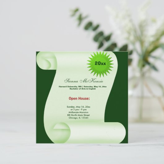 Faire-part Maison ouverte de fin d'études (Vert) (Debout devant)