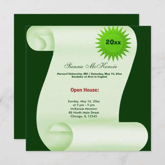 Faire-part Maison ouverte de remise de diplômes (Vert) (Devant / Derrière)
