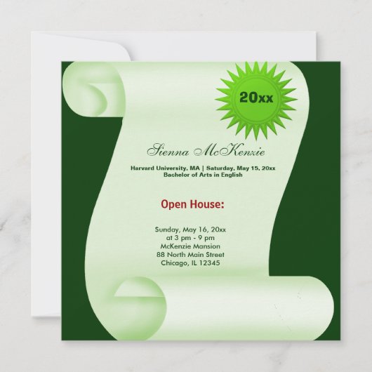 Faire-part Maison ouverte de remise de diplômes (Vert) (Devant)