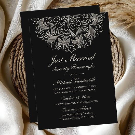 Faire-part Mandala Indian Boho Black Just Married Wedding