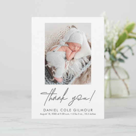 Faire-part Manufacture Script Merci photo bébé naissance (Debout devant)