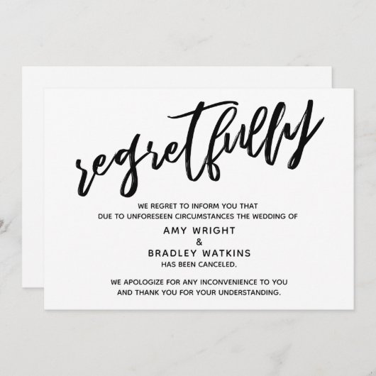 Faire-part manuscrit de mariage annulé avec regret (Devant / Derrière)