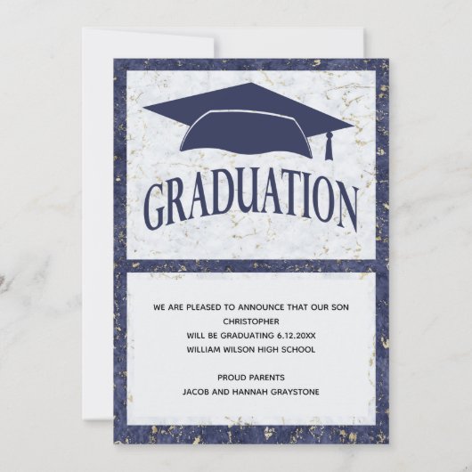 Faire-part Marbre blanc Bleu Élégant Avec Photo (Dos)