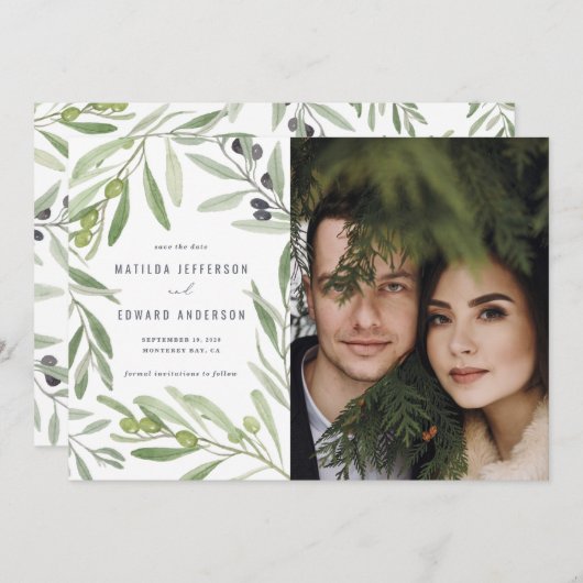 Faire-part Mariage à feuillage de branche d'olive verte minim (Devant / Derrière)