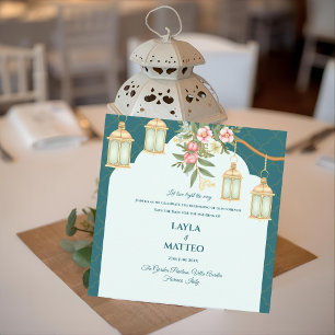 Faire-part Mariage à la lanterne dorée bleue sarcelle florale