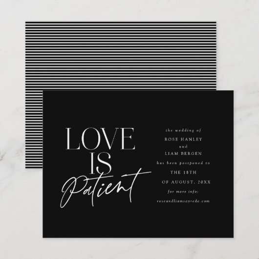 Faire-part Mariage Amour Script Noir Blanc Changement de Date (Devant / Derrière)