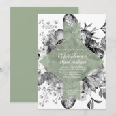 Faire-part Mariage aquarelle floral noir blanc vert sage (Devant / Derrière)