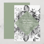 Faire-part Mariage aquarelle noir blanc vert floral (Devant / Derrière)