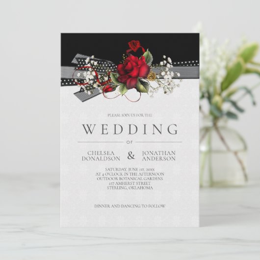 Faire-part Mariage aux Roses Rouges Anciennes et Rubans de Re (Debout devant)