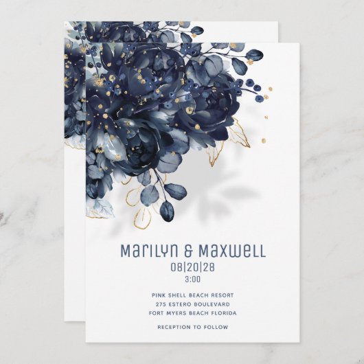 Faire-part Mariage blanc et or (Devant / Derrière)