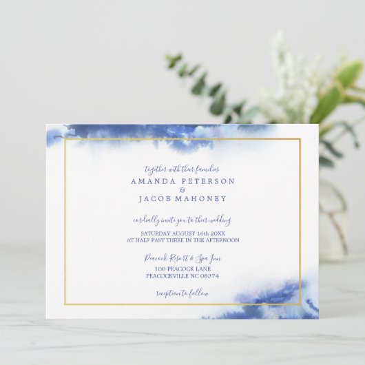 Faire-part Mariage Cadre Or Ombré Marbre Bleu (Debout devant)