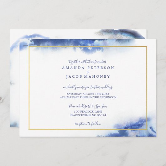 Faire-part Mariage Cadre Or Ombré Marbre Bleu (Devant / Derrière)