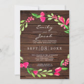 Faire-part Mariage champêtre en bois rustique avec fleurs ros (Devant)