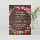 Faire-part Mariage champêtre en bois rustique avec fleurs ros (Debout devant)