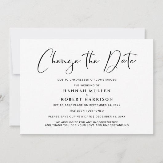 Faire-part Mariage Changer la date de report noir blanc (Devant)