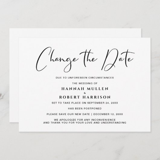 Faire-part Mariage Changer la date de report noir blanc (Devant / Derrière)